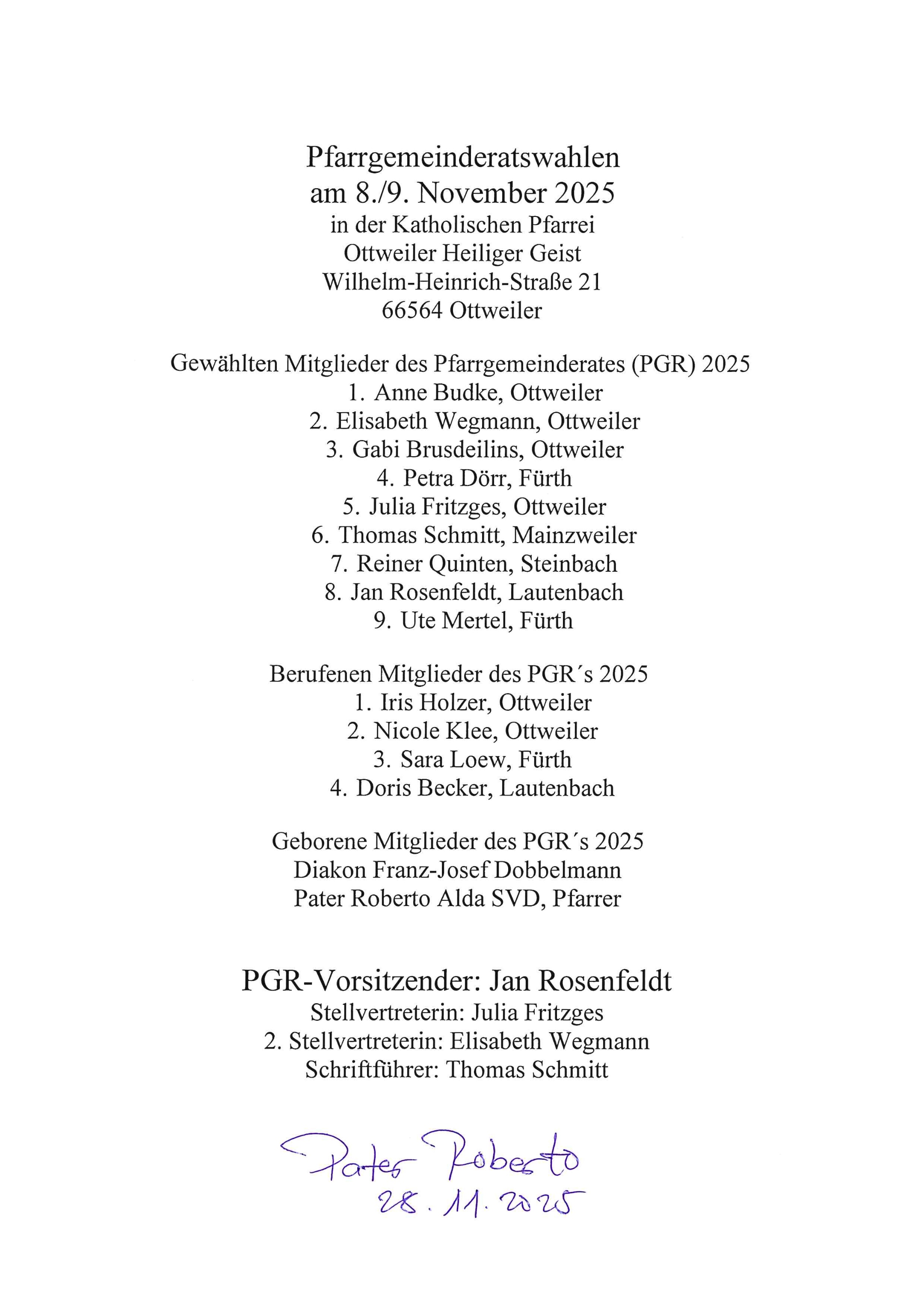 PGR Wahlergebnis Ottweiler (c) Pfarrei Hl. Geist Ottweiler PGR Wahlergebnis Ottweiler